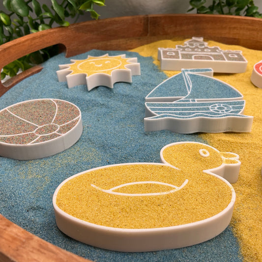 3D-printed beach holiday sensory filling tray, 8-piece set with sun, sandcastle, boat, duck, shells, ball, bucket and spade - view 2 of 12