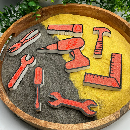 3D-printed construction toy tools sensory filling tray, 8-piece set for sand and rice tuff trays - view 1 of 11