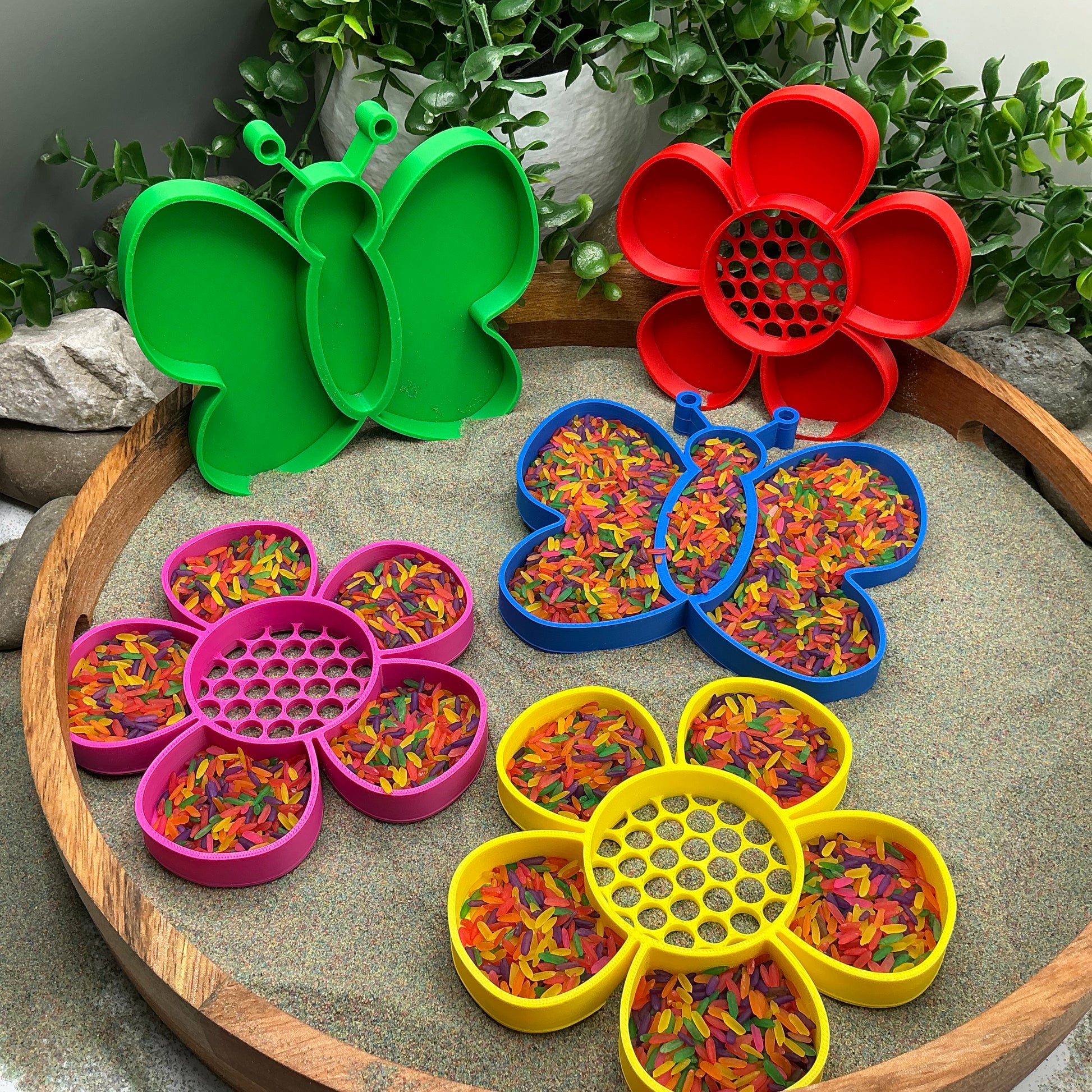 3D-printed butterfly and flower sieve sensory set, 5-piece for sand rice and water play - view 1 of 8