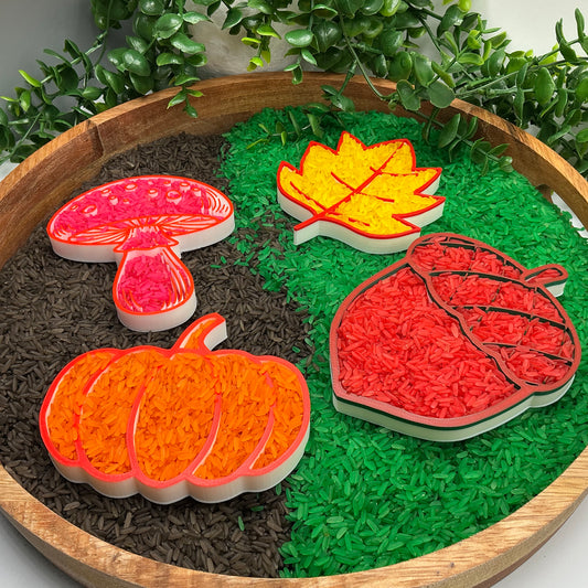 3D-printed autumn sensory filling tray, 4-piece set with acorn, mushroom, pumpkin and leaf - view 1 of 12