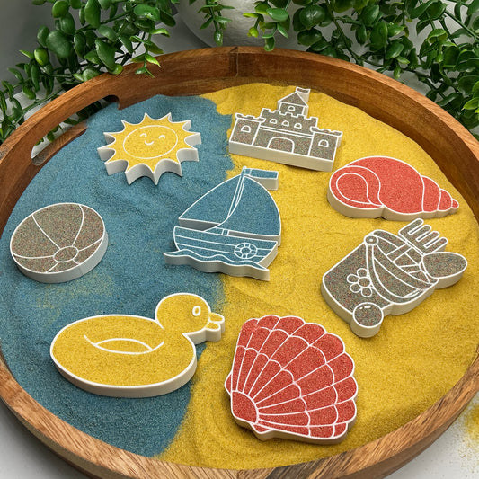 3D-printed beach holiday sensory filling tray, 8-piece set with sun, sandcastle, boat, duck, shells, ball, bucket and spade - view 1 of 12
