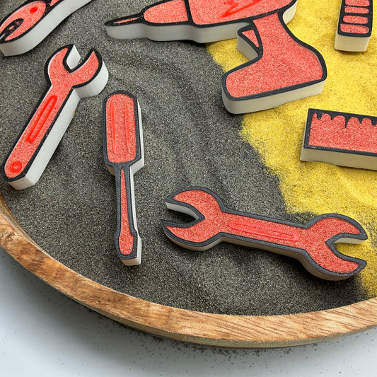 3D-printed construction toy tools sensory filling tray, 8-piece set for sand and rice tuff trays - view 2 of 11