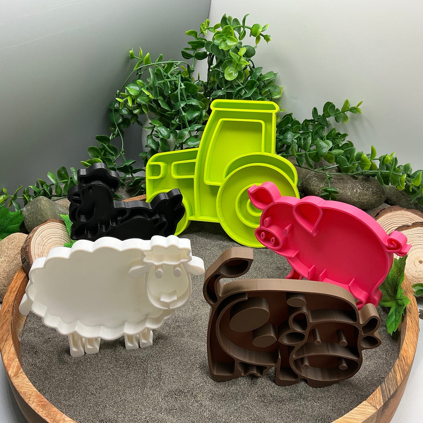 Farm Set Sensory Filling Trays Farm Animals 5 piece Set - Eco-Friendly 3D Printed for Sand, Rice & Oats Tractor Pig Cow Sheep & Chicken Fill Shapes