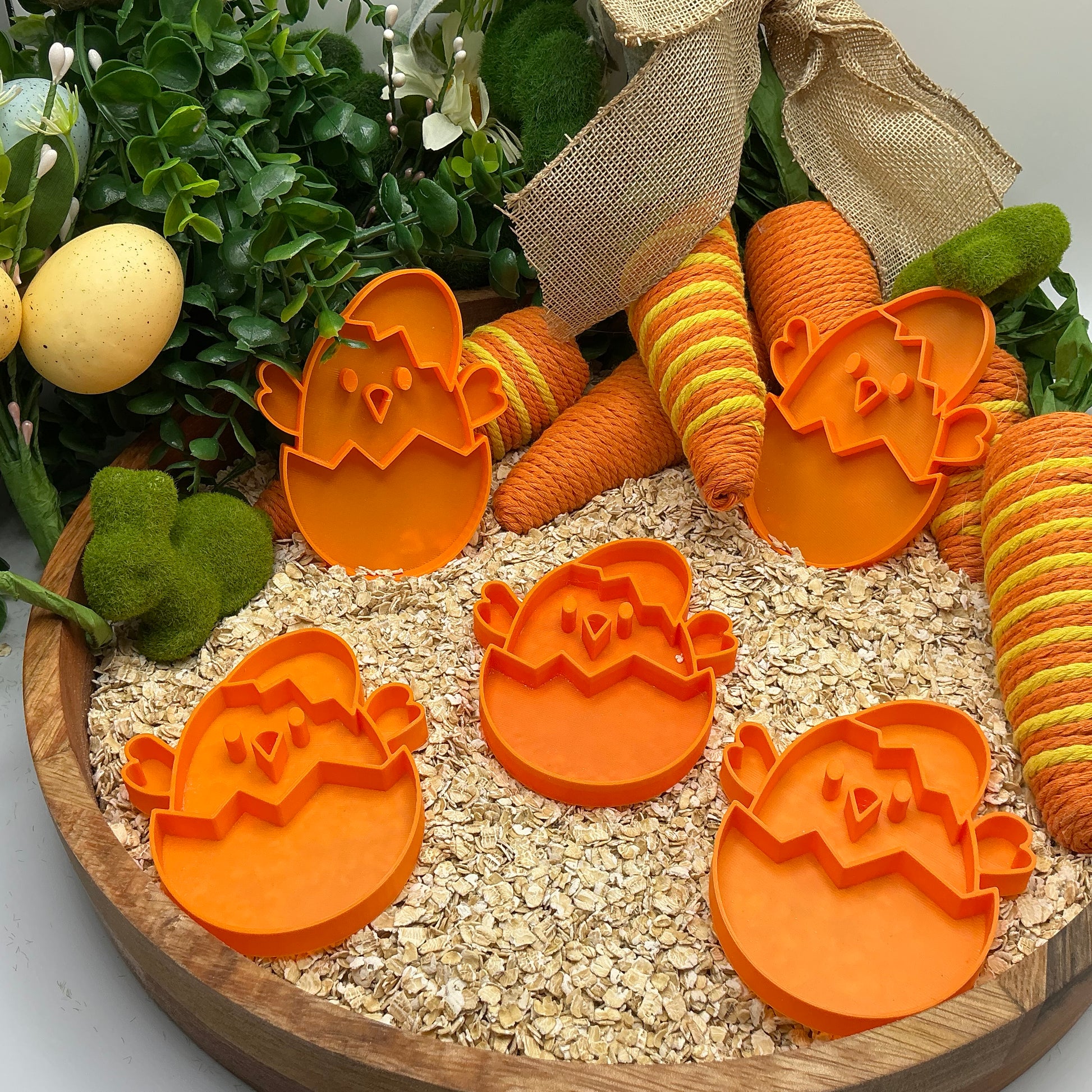 Easter Chick in a Egg 5 Piece Filling Tray Set Sensory Filling Trays Oats, Sand, - Close Up