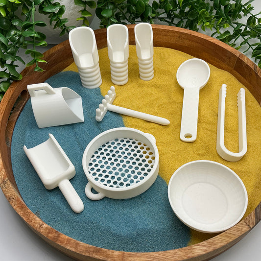 3D-printed sensory play tools, 9-piece set with scoops, sieve, rake and tweezers - view 1 of 10