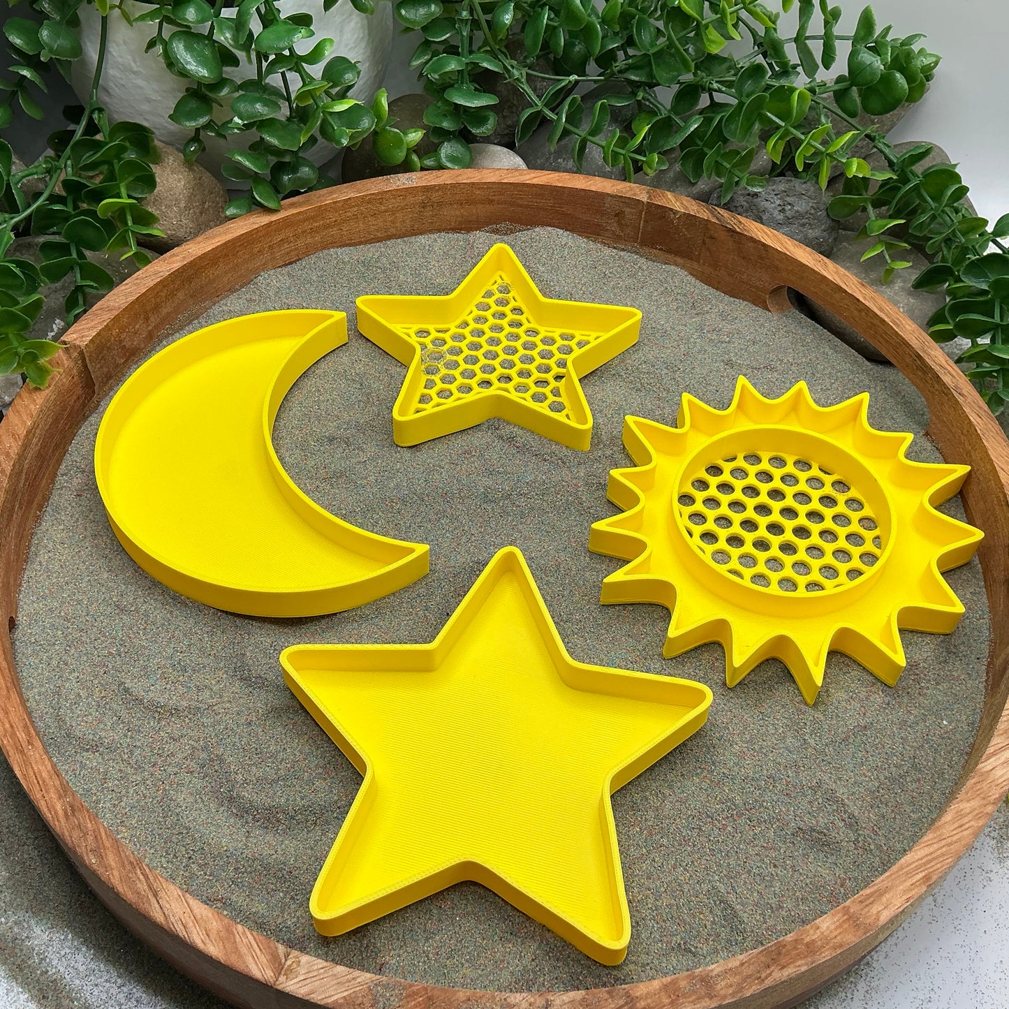 3D-printed sun, moon and stars sensory filling tray and sieve, 4-piece set for sand, rice and water play - view 1 of 10
