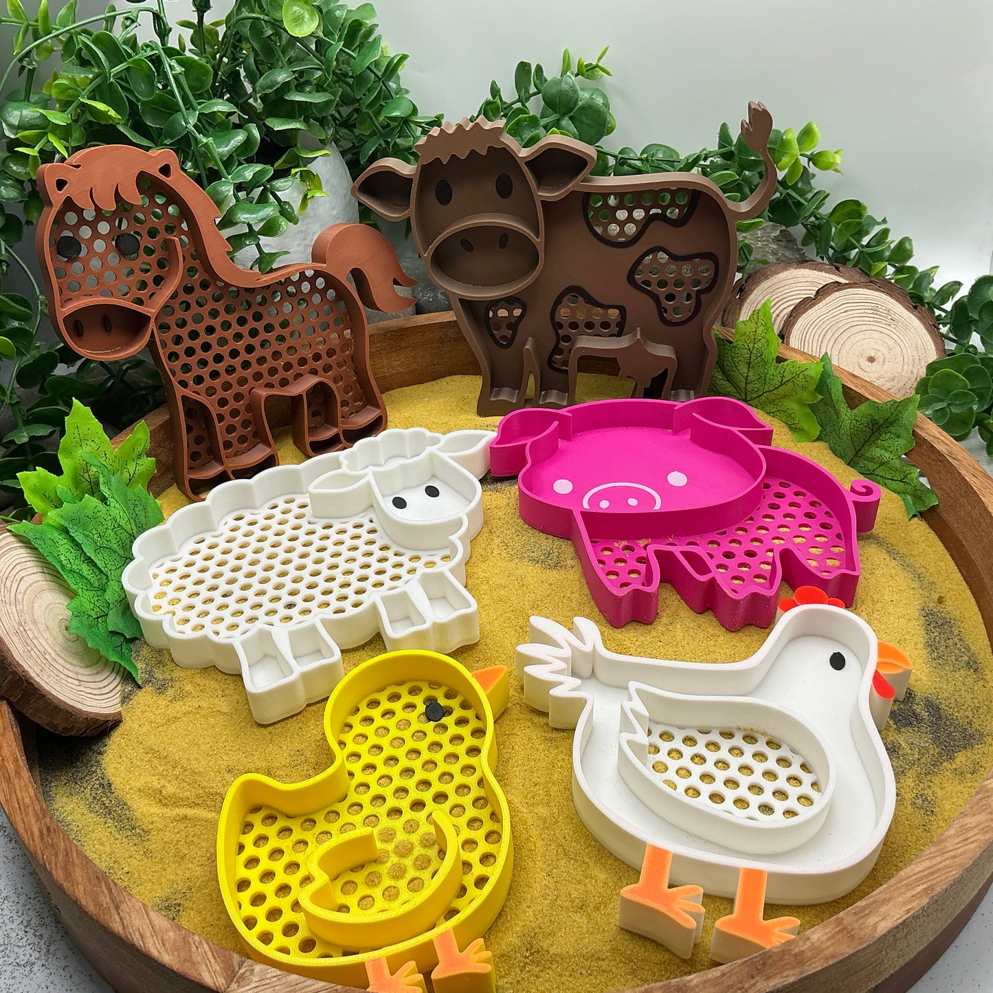 3D-printed farm animal sieves 6-piece set - horse, cow, sheep, pig, chicken and chick for sand and water play - view 8 of 11