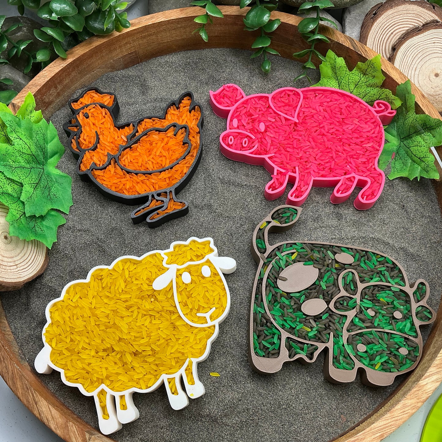 Farm Set Sensory Filling Trays Farm Animals 5 piece Set - Eco-Friendly 3D Printed for Sand, Rice & Oats Tractor Pig Cow Sheep & Chicken Fill Shapes