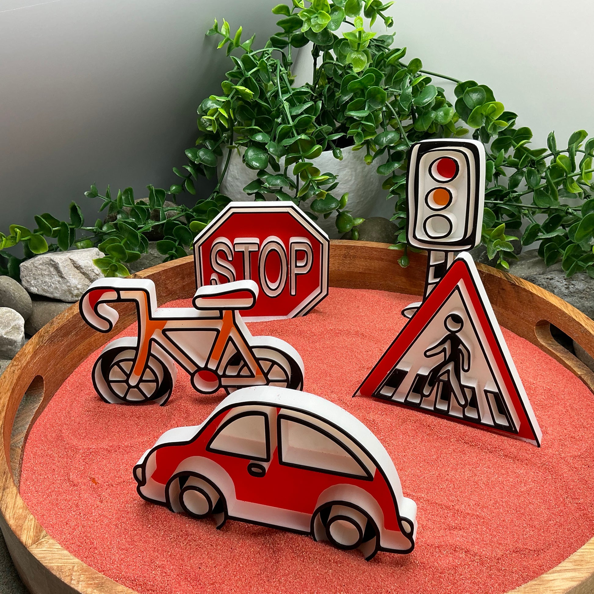 3D-printed play traffic sensory filling tray, 5-piece set with stop sign, car, bike, pedestrian crossing and traffic light - view 1 of 12