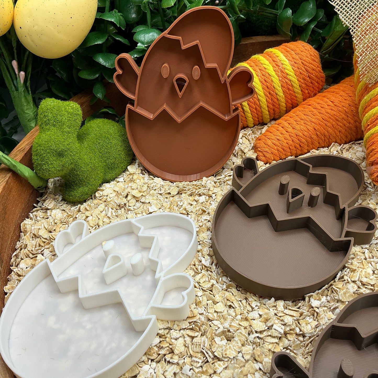 Easter Chick in a Egg 5 Piece Filling Tray Set Sensory Filling Trays Oats, Sand, - Close Up
