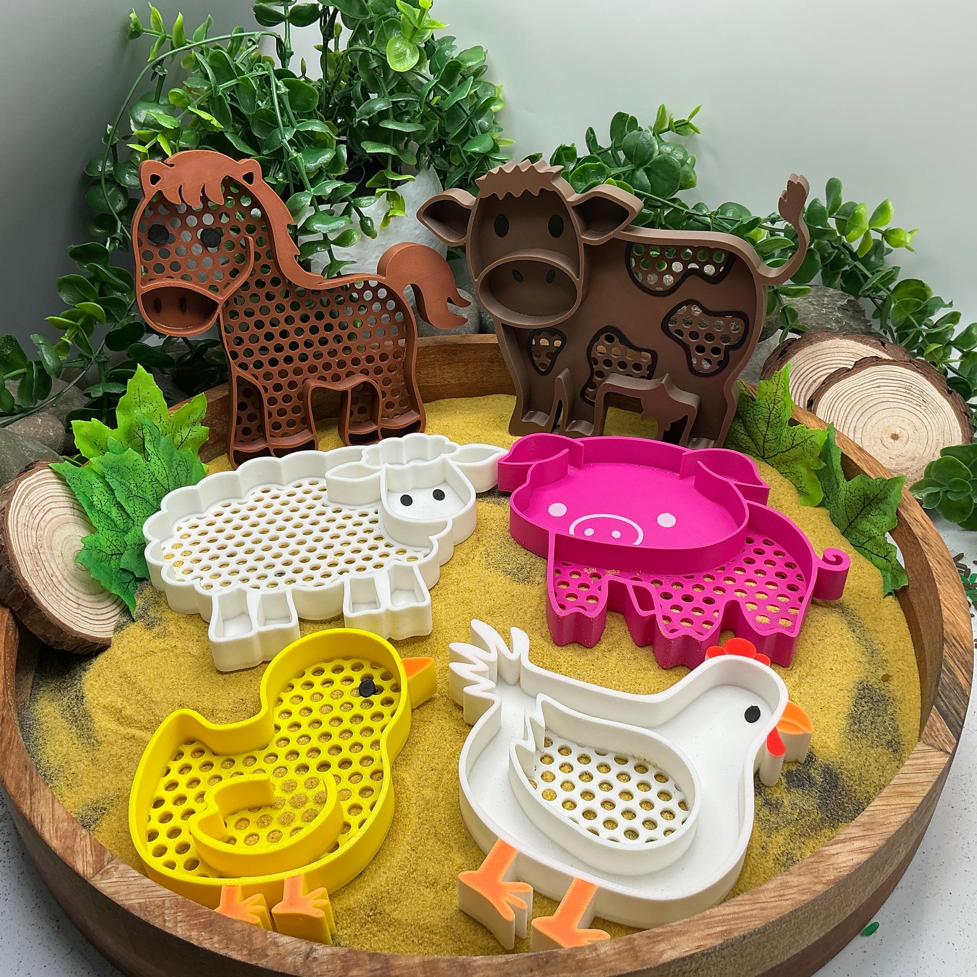 3D-printed farm animal sieves 6-piece set - horse, cow, sheep, pig, chicken and chick for sand and water play - view 1 of 11