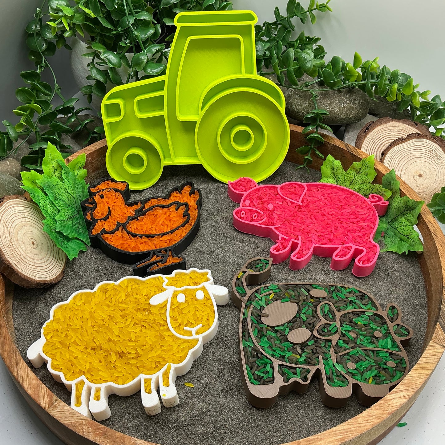 Farm Set Sensory Filling Trays Farm Animals 5 piece Set - Eco-Friendly 3D Printed for Sand, Rice & Oats Tractor Pig Cow Sheep & Chicken Fill Shapes