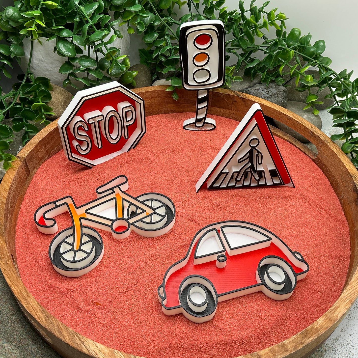 3D-printed play traffic sensory filling tray, 5-piece set with stop sign, car, bike, pedestrian crossing and traffic light - view 2 of 12